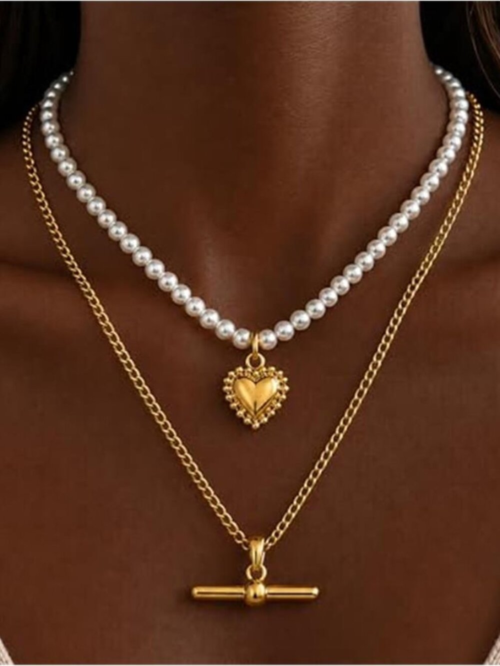Layered T Bar Necklace Pearl Beaded Heart Pendant Double Chain Dainty
